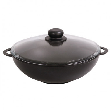 Вок сковорода (4,5л. 300 мм) с антипригарным покрытием, литыми ручками, стеклянной крышкой, БИОЛ 3003ПС — Posudio