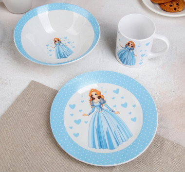 Набор детской посуды 3 предмета "Принцесса" миска 520 мл, тарелка 19 см, кружка 220 мл &mdash; Posudio