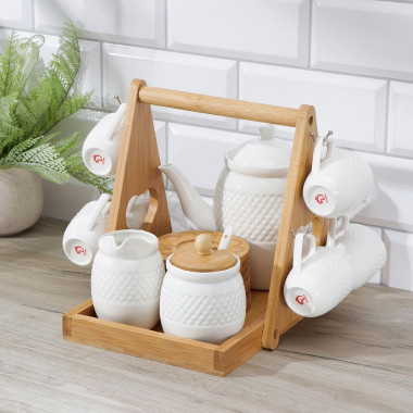 Набор кофейный фарфоровый на деревянной подставке Доляна «Эстет», 15 предметов, чайник, кружки, саха &mdash; Posudio