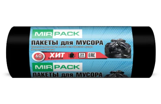 Мешки для мусора 60 л 8 мкм 25шт/рул,32 рул/кор ПНД 60*80 см черные фото 1 — Posudio