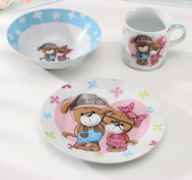 Набор детской посуды 3 предмета "Щенки" кружка 230 мл, миска 400 мл, тарелка &mdash; Posudio
