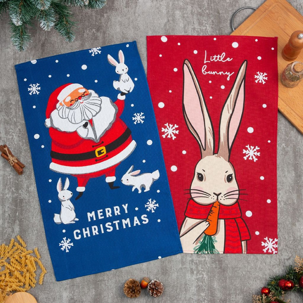 Набор кухонных полотенец Доляна Bunny & Santa 35х60 см - 2 шт., 100% хл фото 1 &mdash; Posudio