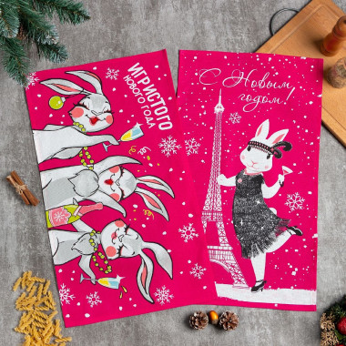 Набор кухонных полотенец Доляна Hares party 35х60 см - 2 шт., 100% хл &mdash; Posudio