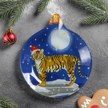 Блюдо сервировочное &quot;Елочная игрушка.Тигр под луной&quot; 18*15,2*2см. — Posudio