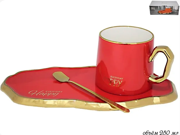 Чашка 280 мл с блюдцем и ложкой в под.уп.(х24) 106-081 фото 1 — Posudio