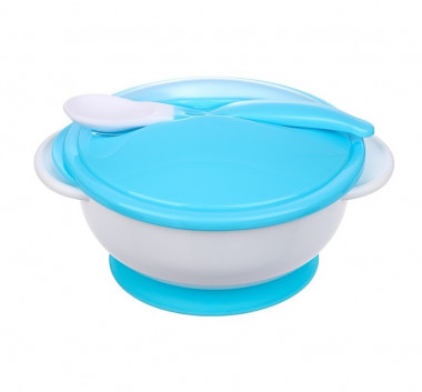 Набор для кормления: миска на присоске с крышкой, ложка, цвет белый/голубой &mdash; Posudio