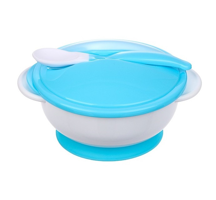Набор для кормления: миска на присоске с крышкой, ложка, цвет белый/голубой фото 1 — Posudio