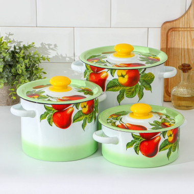 Набор кастрюль №16 (2л. 3.5л. 5.5л) белый "Дары лета" &mdash; Posudio