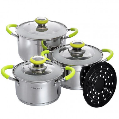 Набор кастрюль 7пр (1,9+2,6+3,6л нжс силик.ручк.индукц.дно (Welberg), 1043WB &mdash; Posudio