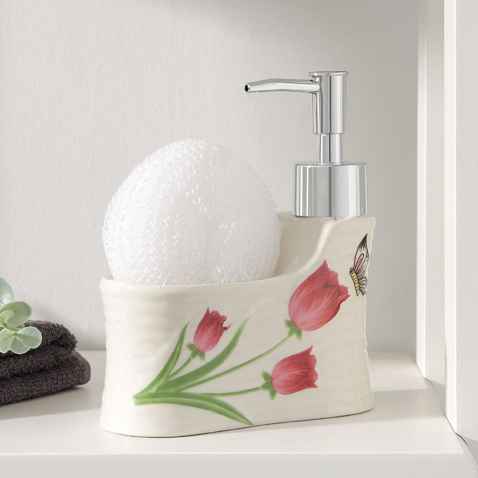 Дозатор для моющего средства с подставкой для губки Доляна «Бабочка на тюльпане», 220 мл фото 1 — Posudio