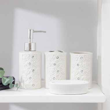 Набор аксессуаров для ванной комнаты Доляна «Барельеф», 4 предмета (дозатор 300 мл, мыльница, 2 стак — Posudio