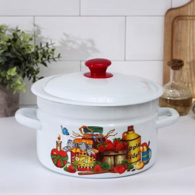 Кастрюля цилиндрическая, 3 л, эмалированная крышка, индукция, деколь МИКС, цвет белый &mdash; Posudio