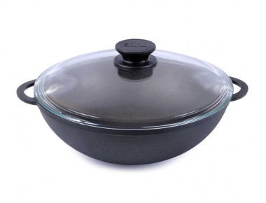 Вок-сковорода чугунная (3л, 260 мм) со стеклянной крышкой, БИОЛ 0526С — Posudio