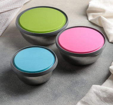 Набор салатников с крышками «Яркая сталь», 3 шт: d=16 см, d=15 см, d=12 см, 800 мл, 600 мл, 400 мл, &mdash; Posudio