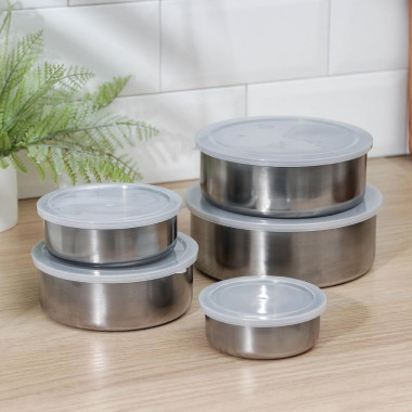 Набор салатников с крышками «Сталь», 5 шт: d=18 см 850 мл, 16 см 600 мл, 14 см 450 мл, 12 см 250 мл, &mdash; Posudio