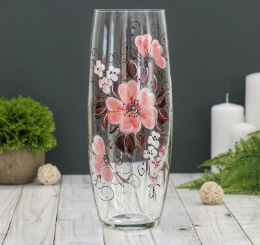 ваза &quot;Бочка&quot; h 260 мм. из прозрачного стекла (ручная роспись) рис. Гибискус (Р.Ч.) — Posudio