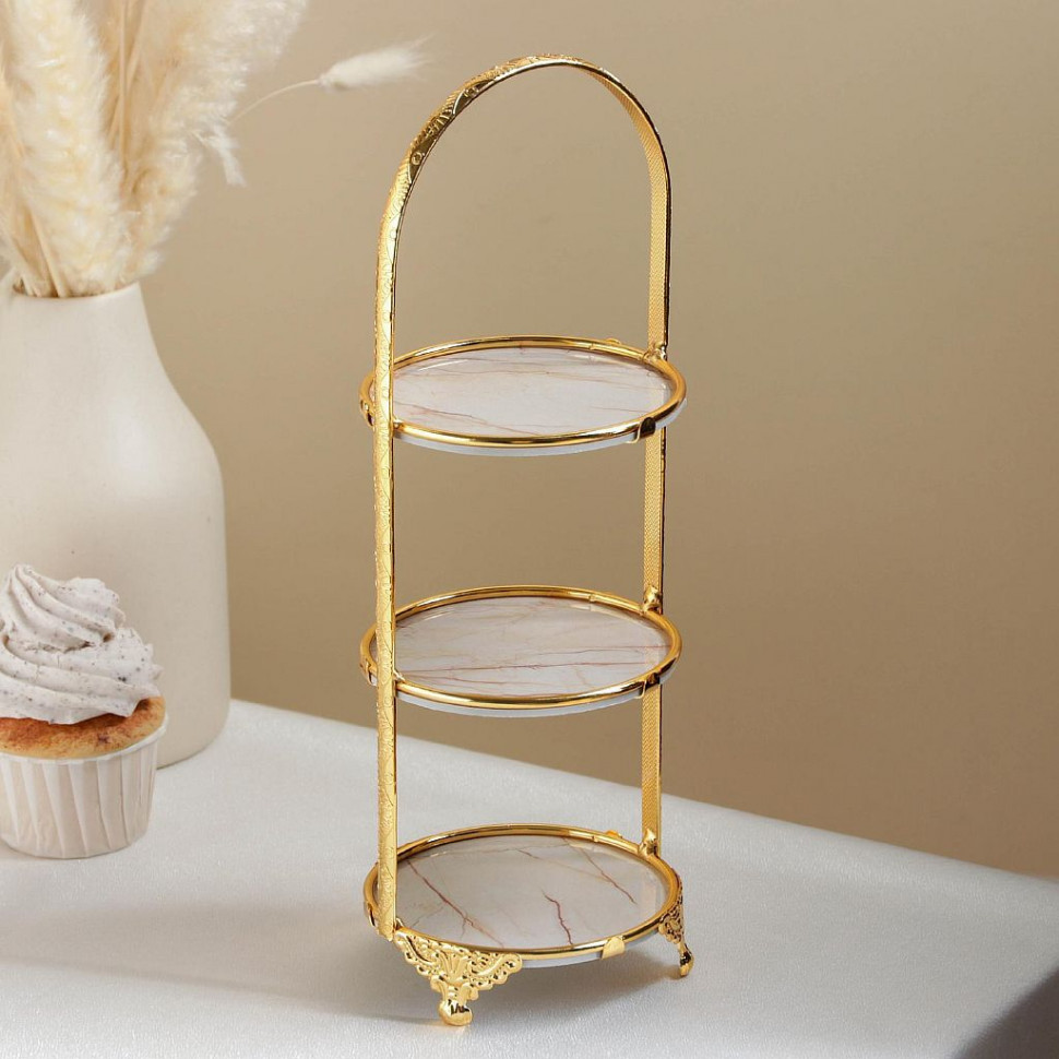 Подставка для десерта 3-х ярусная Доляна «Мрамор», 10,5×29 см, цвет металла золотой фото 1 — Posudio