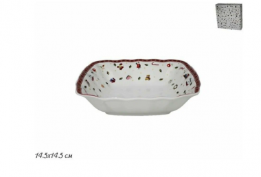 Квадратный салатник 15.5x15.5x4см. НОВЫЙ ГОД в под.уп.(х36) Фарфор 105-618 — Posudio