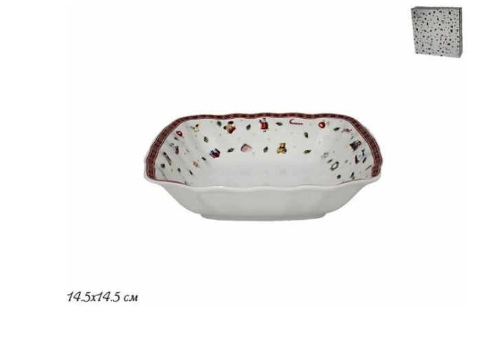 Квадратный салатник 15.5x15.5x4см. НОВЫЙ ГОД в под.уп.(х36) Фарфор 105-618 фото 1 — Posudio