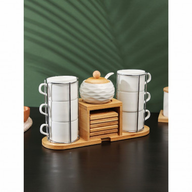 Набор чайный керамический на деревянной подставке BellaTenero, 13 предметов: 6 чашек 150 мл, сахарни &mdash; Posudio