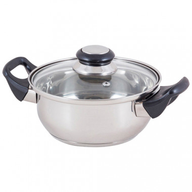 Кастрюля из нерж стали с крышкой (стекло) BAK-S-02, 2 л, ручки - бакелит, одинарное дно — Posudio
