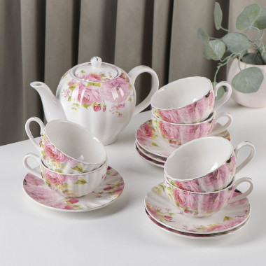 Сервиз чайный фарфоровый Доляна «Вдохновение», 13 предметов: 6 чашек 250 мл, 6 блюдец, чайник 700 мл &mdash; Posudio