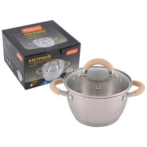 Кастрюля Fortuna, объем 1,8 л, из нерж стали с крышкой, матовый корпус, ручки с силиконом фото 1 — Posudio