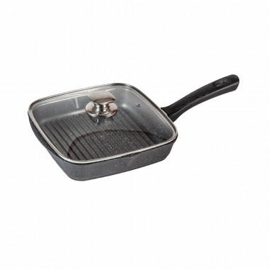 Сковорода-гриль квадр. 24*24см.Гранит с несъемной ручкой и стекл.крышкой — Posudio