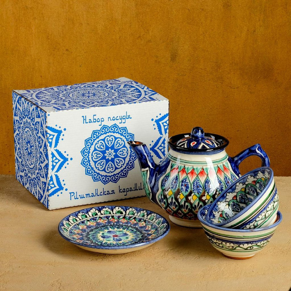 Набор чайный Риштан, 4 предмета в подар упак: чайник 0,7л, 2 пиалы 9,5см, тарелка 17см фото 1 — Posudio
