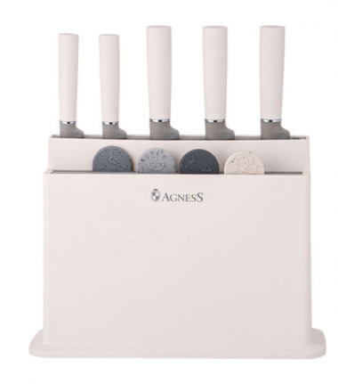 НАБОР AGNESS ИЗ 10ПР: 5 НОЖЕЙ, 4 ДОСКИ И ПОДСТАВКА, ЦВЕТ: БЕЛО-СЕРЫЙ 671-212 — Posudio