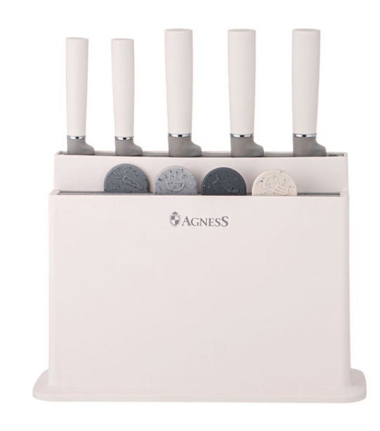 НАБОР AGNESS ИЗ 10ПР: 5 НОЖЕЙ, 4 ДОСКИ И ПОДСТАВКА, ЦВЕТ: БЕЛО-СЕРЫЙ 671-212 фото 1 — Posudio