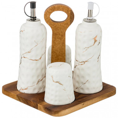 Набор д/специй 4пр Золотой мрамор на деревянной подставке — Posudio