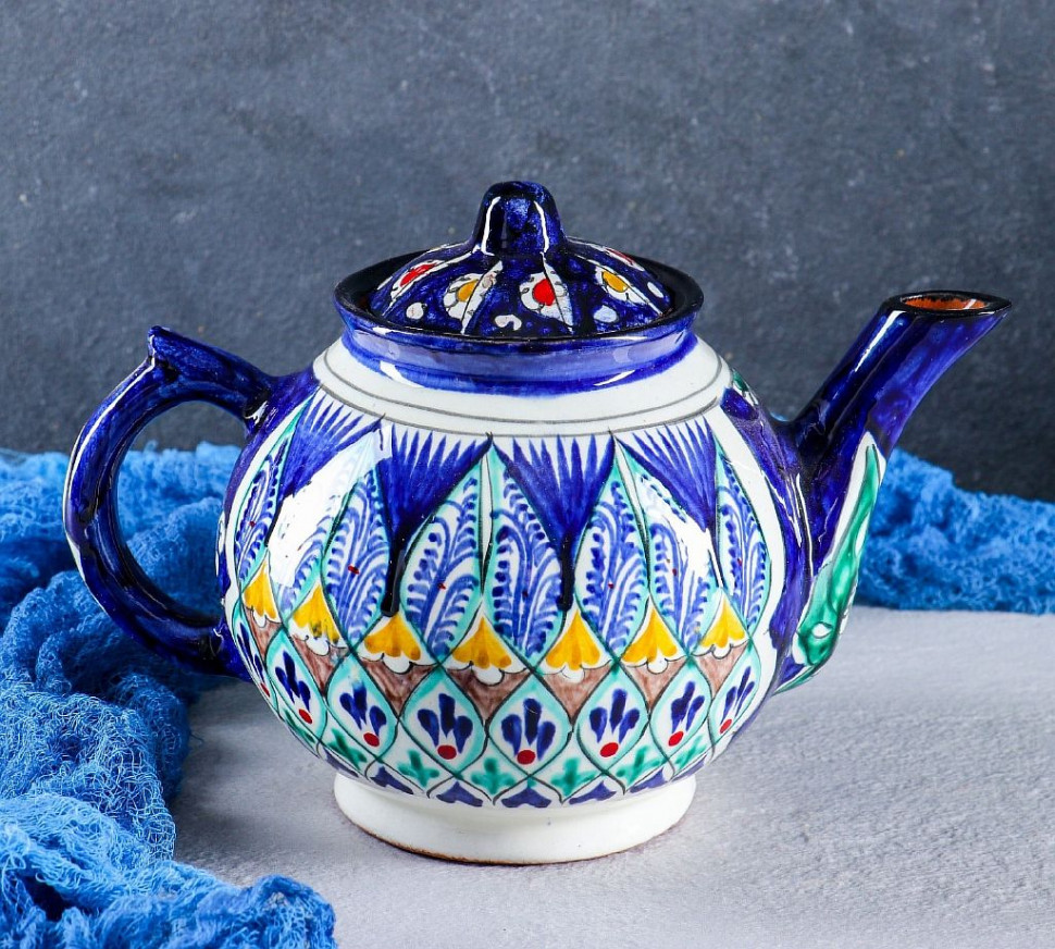 Чайник Риштанская Керамика "Узоры", 1000 мл, синий фото 1 — Posudio