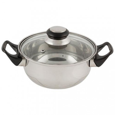 Кастрюля из нерж стали с крышкой (стекло) BAK-S-01, 1,4 л, ручки - бакелит, одинарное дно — Posudio