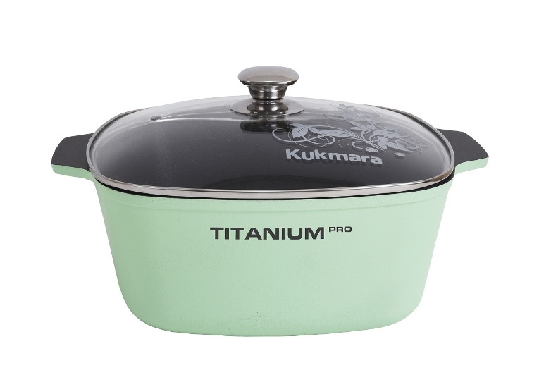 Кастрюля 6,5л.квадратная 280*28смм со стеклянной крышкой "Titanium pro"(green) фото 1 — Posudio