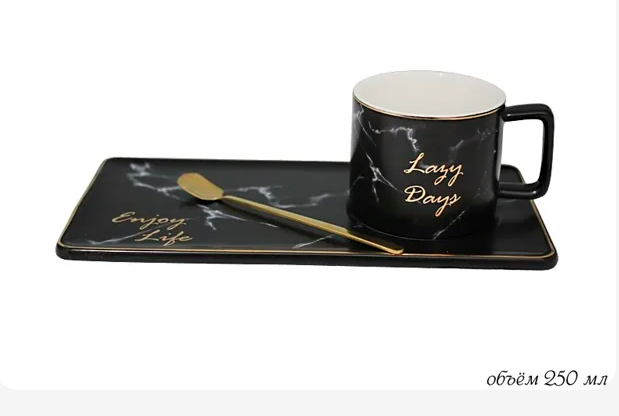 Кружка 250мл из фарфора с блюдцем и ложкой в под/упак 106-021 фото 1 — Posudio