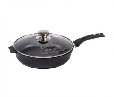 Сковорода 22см.Гранит Black с несъемной ручкой и стекл крышкой — Posudio