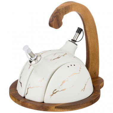 Набор д/специй 4пр Золотой мрамор на деревянной подставке с ручкой бел — Posudio