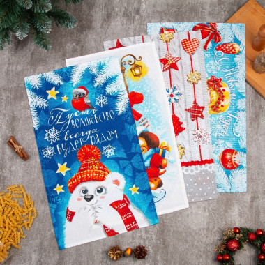 Набор кухонных полотенец «Доляна» С Новым счастьем 35х60см-4шт, 100% хл — Posudio