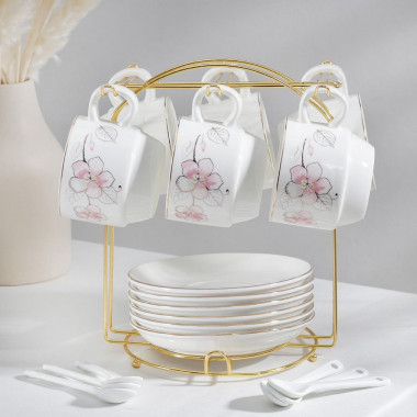 Сервиз чайный на металл подст 19 пред "Роза" 6 чашек 170 мл, 6 блюдец 13,5 см, 6 ложек &mdash; Posudio